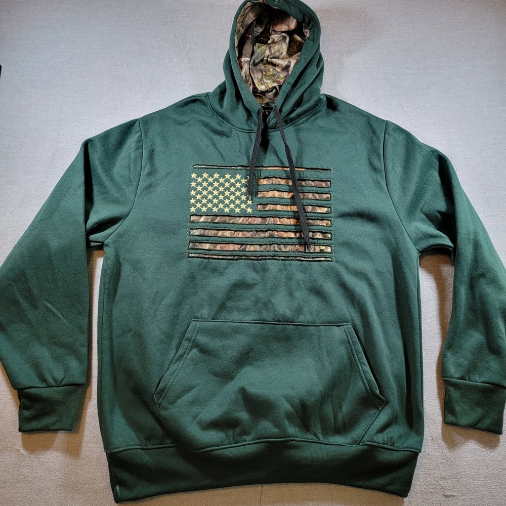 Mossy Oak Hoodie Mens Large Green & Camo American Flag Graphic Sweatshirt